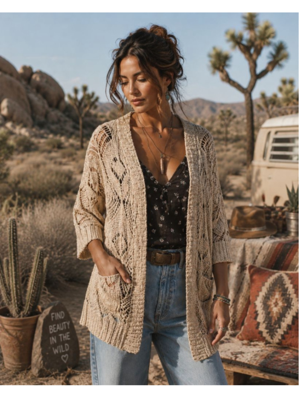 Le Chateau Open Knit Linen Cardigan Sz L 3/4 Sleeves Boho Cottagecore